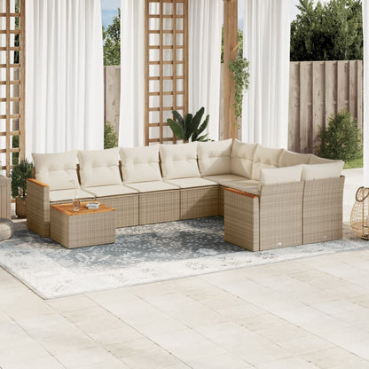 10-tlg. Garten-Sofagarnitur mit Kissen Beige Poly Rattan