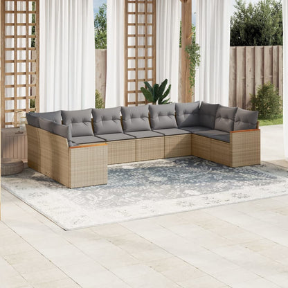 10-tlg. Garten-Sofagarnitur mit Kissen Beige Poly Rattan