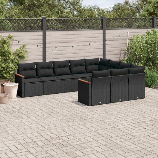 10-tlg. Garten-Sofagarnitur mit Kissen Schwarz Poly Rattan