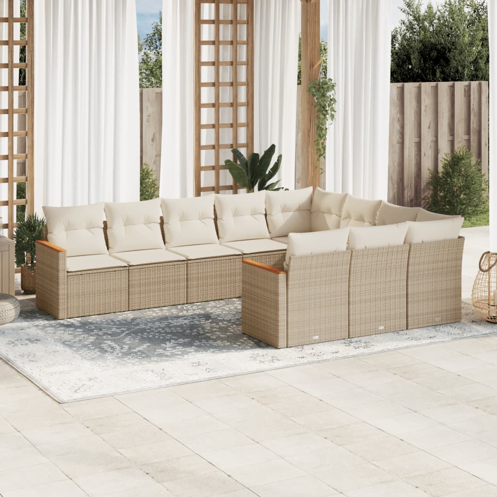 10-tlg. Garten-Sofagarnitur mit Kissen Beige Poly Rattan