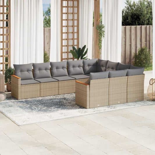 10-tlg. Garten-Sofagarnitur mit Kissen Beige Poly Rattan