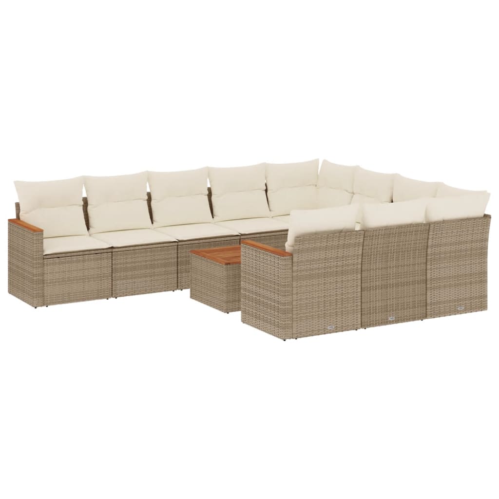 11-tlg. Garten-Sofagarnitur mit Kissen Beige Poly Rattan