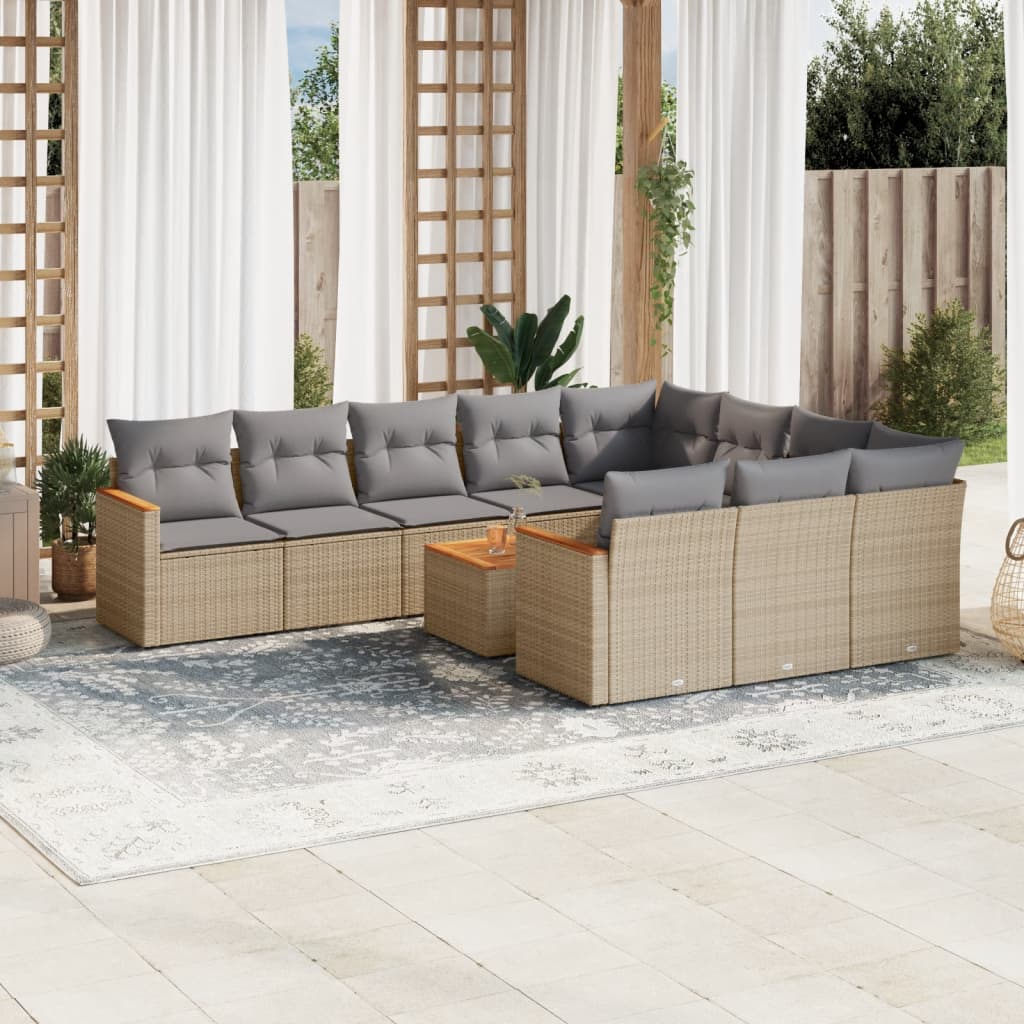 11-tlg. Garten-Sofagarnitur mit Kissen Beige Poly Rattan