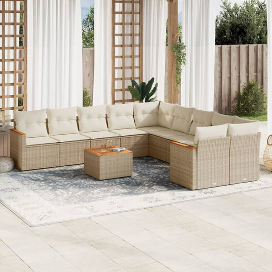 11-tlg. Garten-Sofagarnitur mit Kissen Beige Poly Rattan