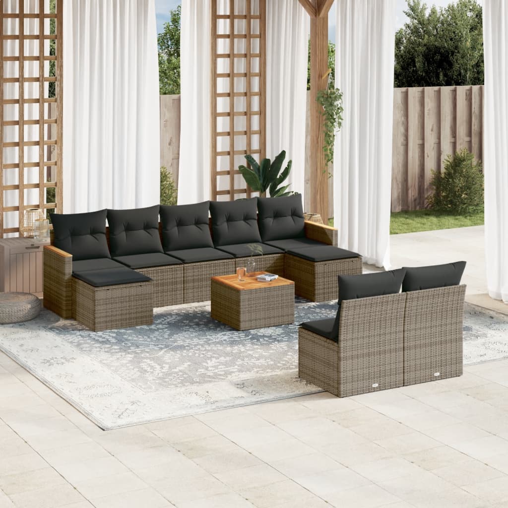 10-tlg. Garten-Sofagarnitur mit Kissen Grau Poly Rattan