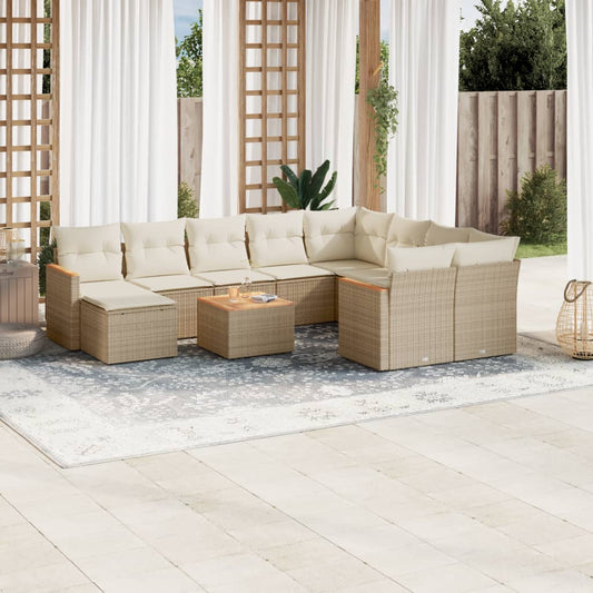 11-tlg. Garten-Sofagarnitur mit Kissen Beige Poly Rattan