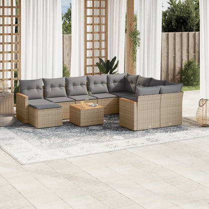 11-tlg. Garten-Sofagarnitur mit Kissen Beige Poly Rattan