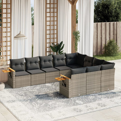 10-tlg. Garten-Sofagarnitur mit Kissen Grau Poly Rattan