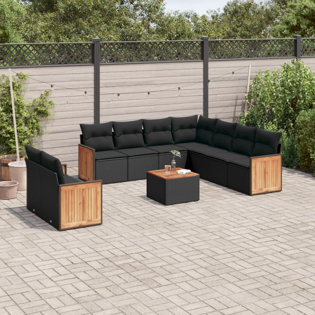 10-tlg. Garten-Sofagarnitur mit Kissen Schwarz Poly Rattan