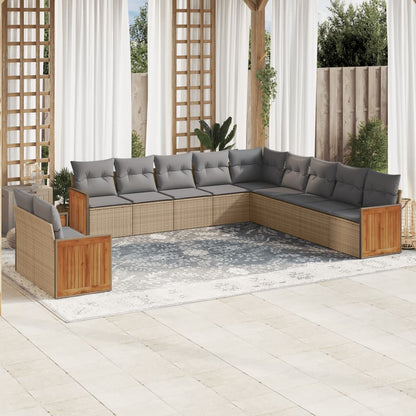 11-tlg. Garten-Sofagarnitur mit Kissen Beige Poly Rattan