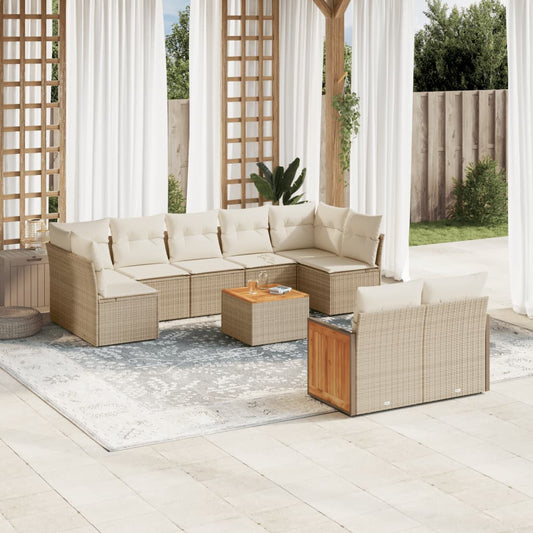 10-tlg. Garten-Sofagarnitur mit Kissen Beige Poly Rattan