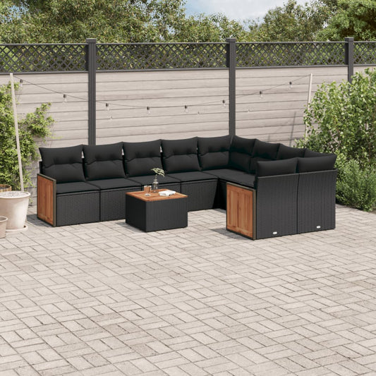 10-tlg. Garten-Sofagarnitur mit Kissen Schwarz Poly Rattan