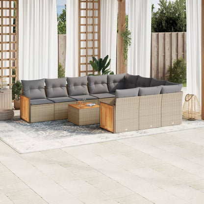 11-tlg. Garten-Sofagarnitur mit Kissen Beige Poly Rattan