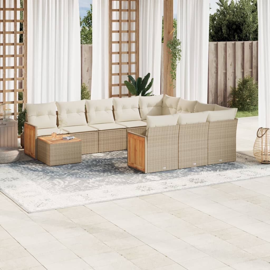 11-tlg. Garten-Sofagarnitur mit Kissen Beige Poly Rattan