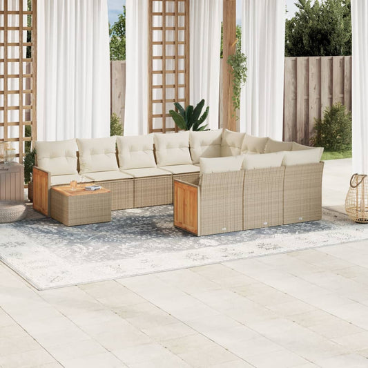 11-tlg. Garten-Sofagarnitur mit Kissen Beige Poly Rattan