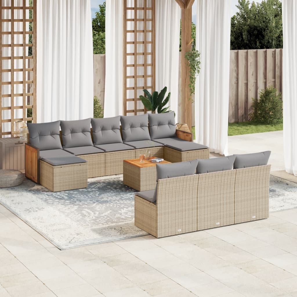 11-tlg. Garten-Sofagarnitur mit Kissen Beige Poly Rattan