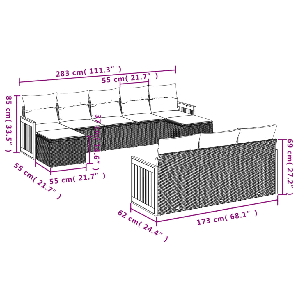 10-tlg. Garten-Sofagarnitur mit Kissen Grau Poly Rattan