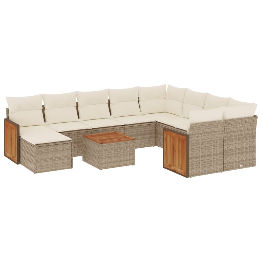 11-tlg. Garten-Sofagarnitur mit Kissen Beige Poly Rattan