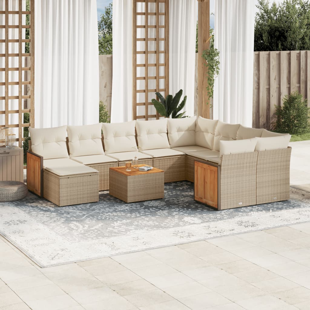 11-tlg. Garten-Sofagarnitur mit Kissen Beige Poly Rattan