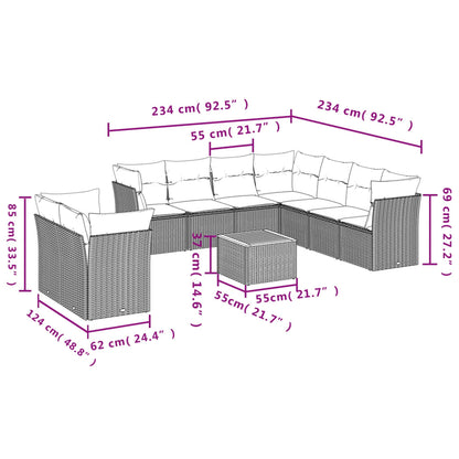 10-tlg. Garten-Sofagarnitur mit Kissen Schwarz Poly Rattan