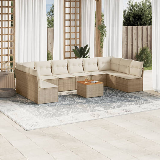 11-tlg. Garten-Sofagarnitur mit Kissen Beige Poly Rattan