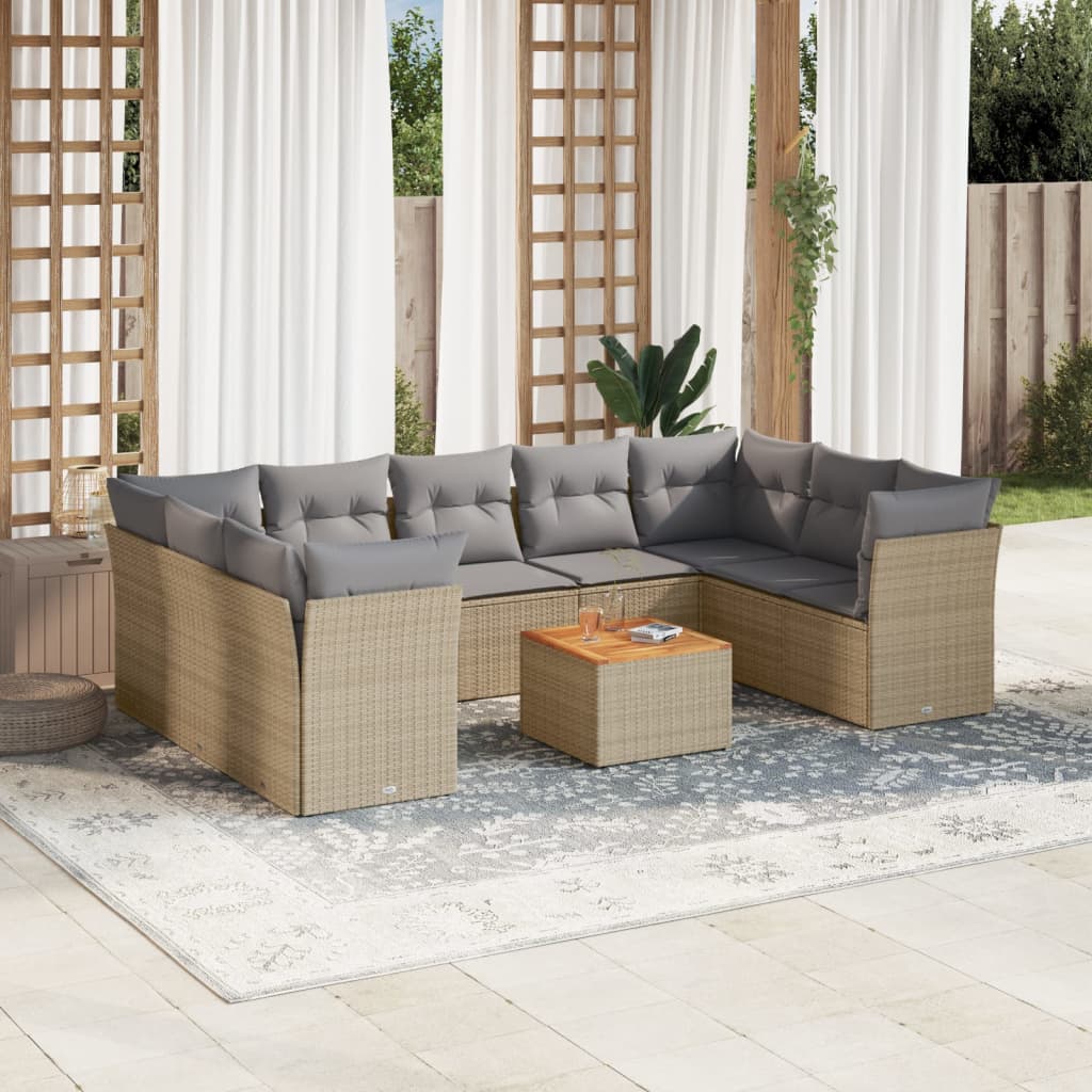 10-tlg. Garten-Sofagarnitur mit Kissen Beige Poly Rattan