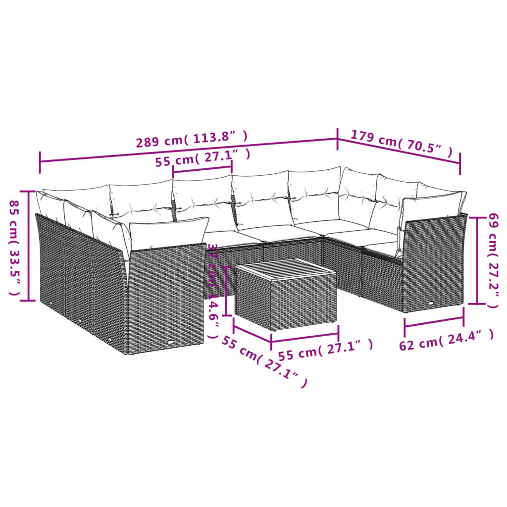 10-tlg. Garten-Sofagarnitur mit Kissen Grau Poly Rattan