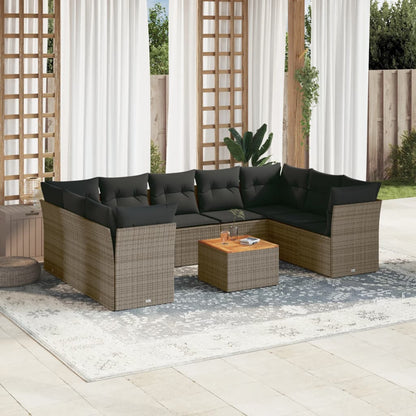 10-tlg. Garten-Sofagarnitur mit Kissen Grau Poly Rattan