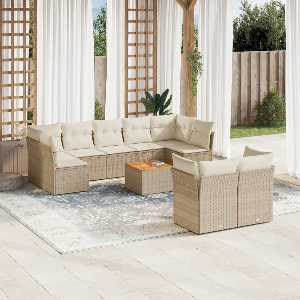 10-tlg. Garten-Sofagarnitur mit Kissen Beige Poly Rattan