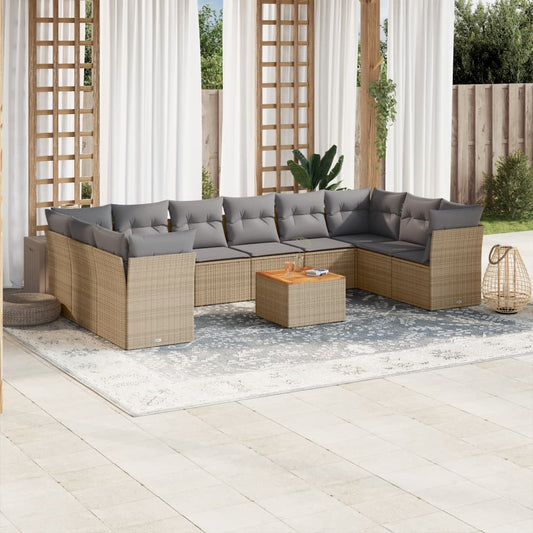 11-tlg. Garten-Sofagarnitur mit Kissen Beige Poly Rattan