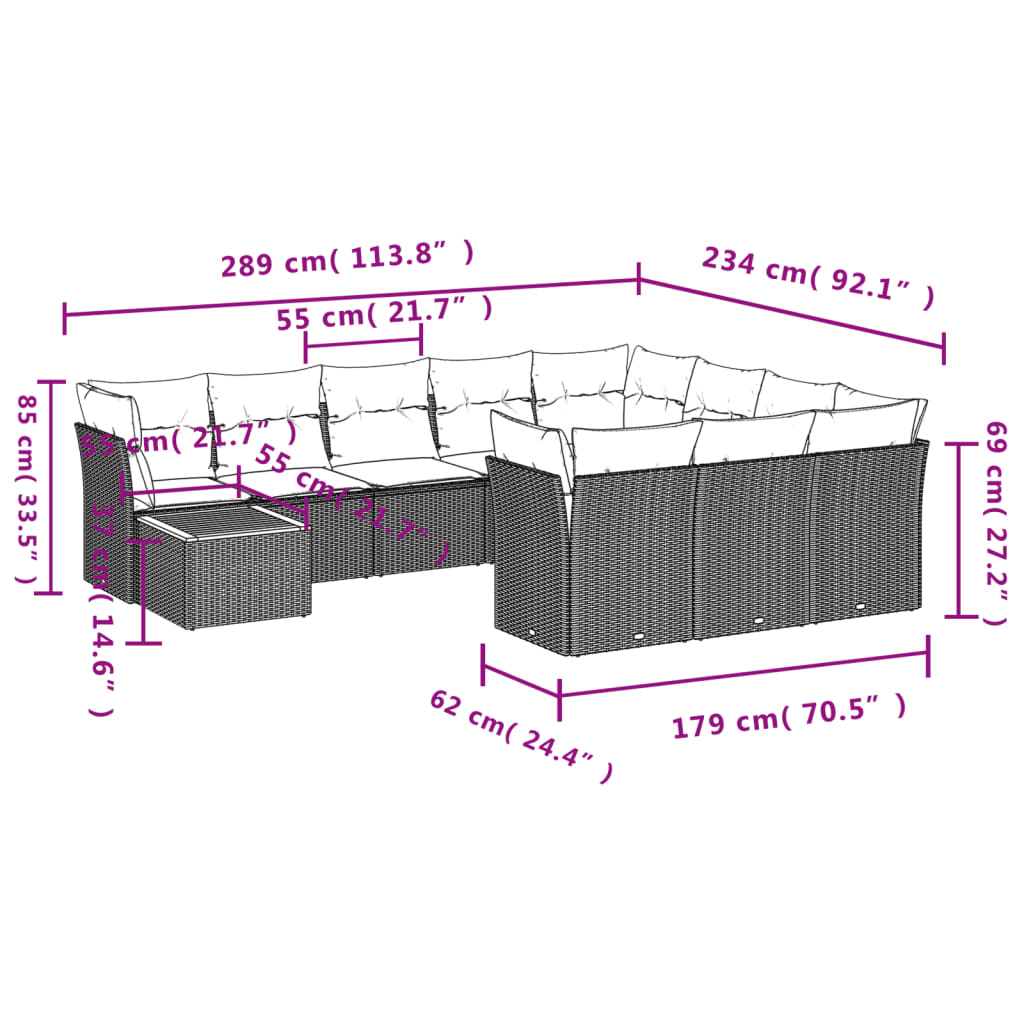 11-tlg. Garten-Sofagarnitur mit Kissen Beige Poly Rattan