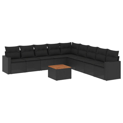 10-tlg. Garten-Sofagarnitur mit Kissen Schwarz Poly Rattan