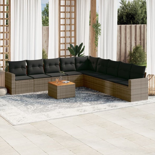 10-tlg. Garten-Sofagarnitur mit Kissen Grau Poly Rattan