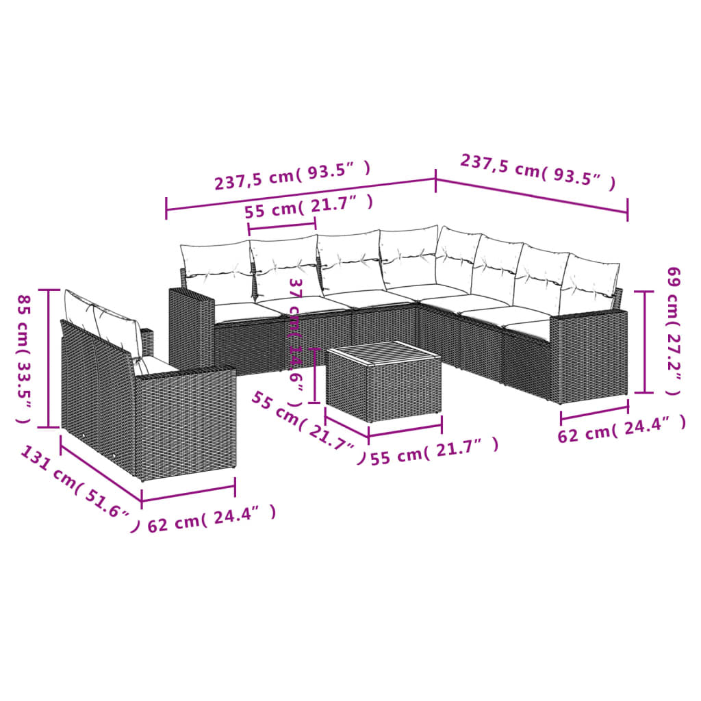 10-tlg. Garten-Sofagarnitur mit Kissen Schwarz Poly Rattan