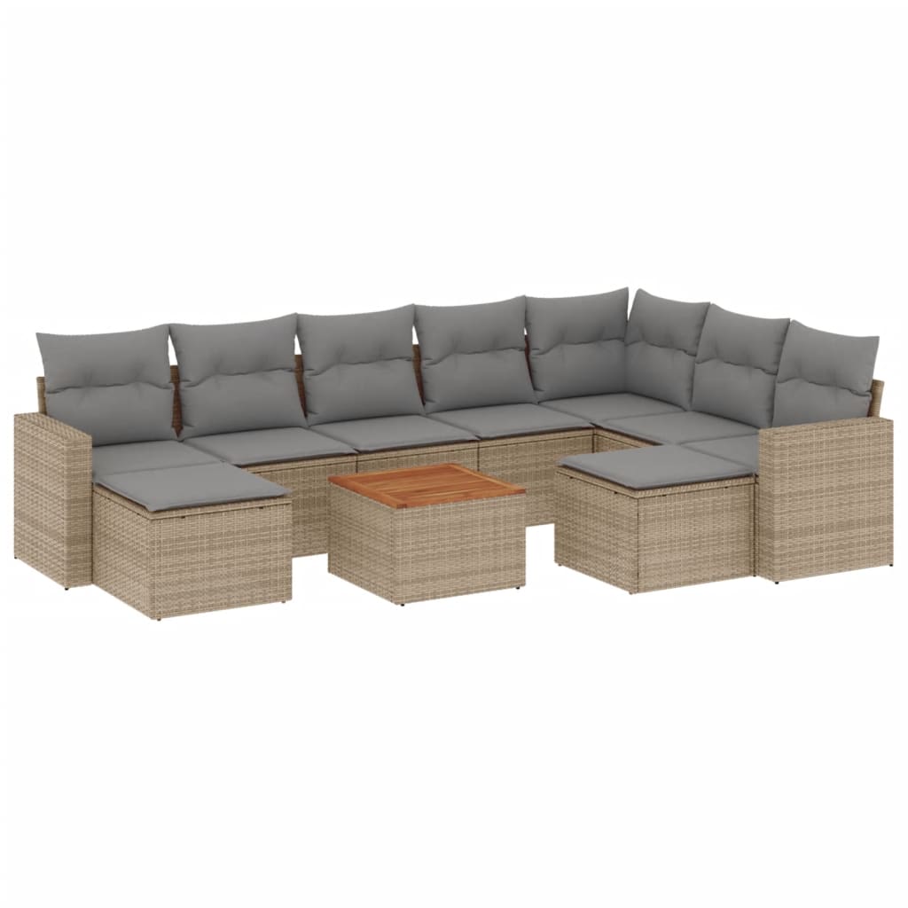 10-tlg. Garten-Sofagarnitur mit Kissen Beige Poly Rattan