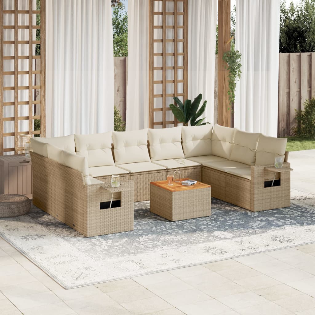 10-tlg. Garten-Sofagarnitur mit Kissen Beige Poly Rattan