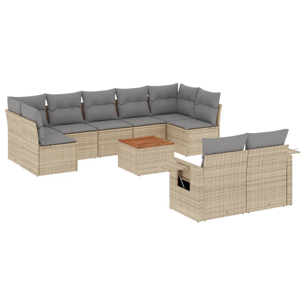 10-tlg. Garten-Sofagarnitur mit Kissen Beige Poly Rattan