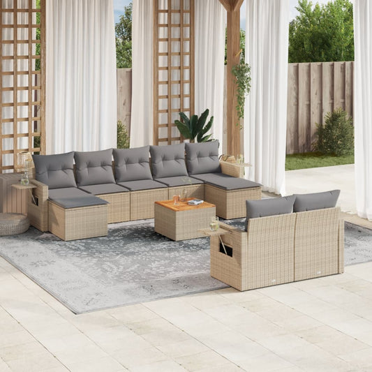 10-tlg. Garten-Sofagarnitur mit Kissen Beige Poly Rattan