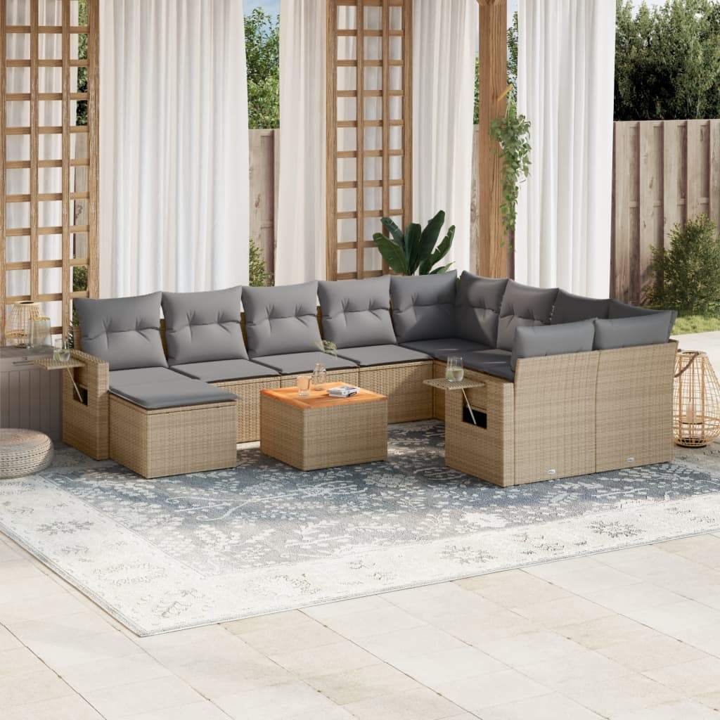 11-tlg. Garten-Sofagarnitur mit Kissen Beige Poly Rattan