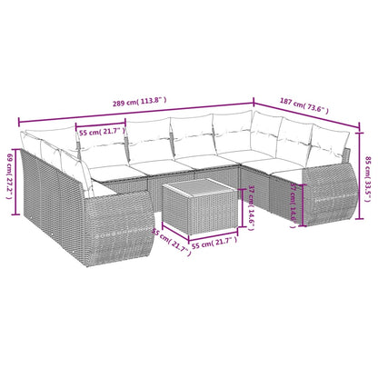 10-tlg. Garten-Sofagarnitur mit Kissen Schwarz Poly Rattan