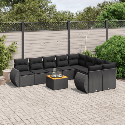 10-tlg. Garten-Sofagarnitur mit Kissen Schwarz Poly Rattan