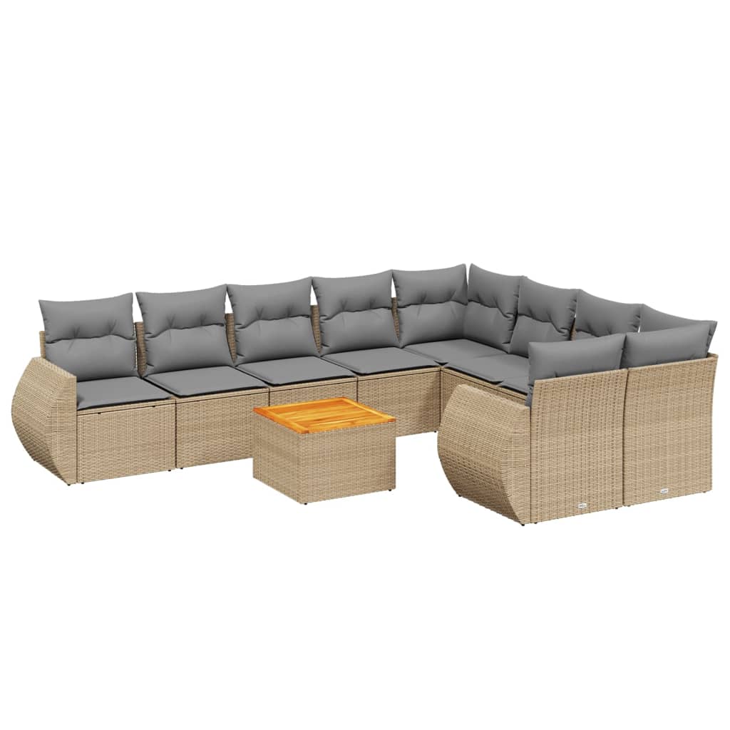 10-tlg. Garten-Sofagarnitur mit Kissen Beige Poly Rattan