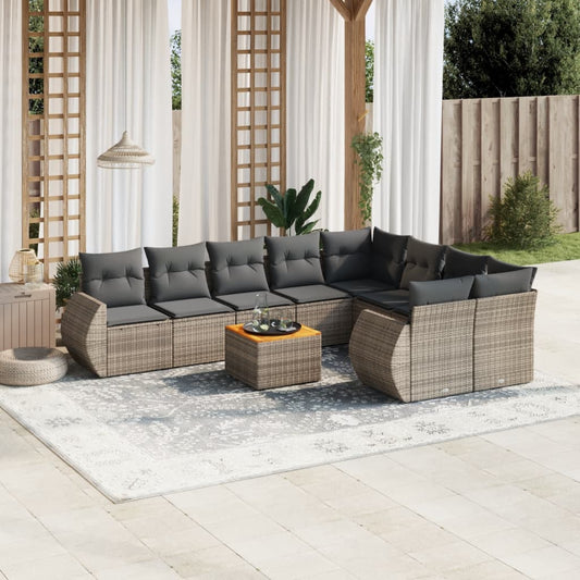 10-tlg. Garten-Sofagarnitur mit Kissen Grau Poly Rattan