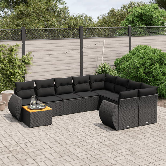 10-tlg. Garten-Sofagarnitur mit Kissen Schwarz Poly Rattan