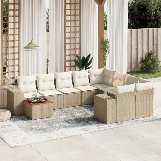 10-tlg. Garten-Sofagarnitur mit Kissen Beige Poly Rattan