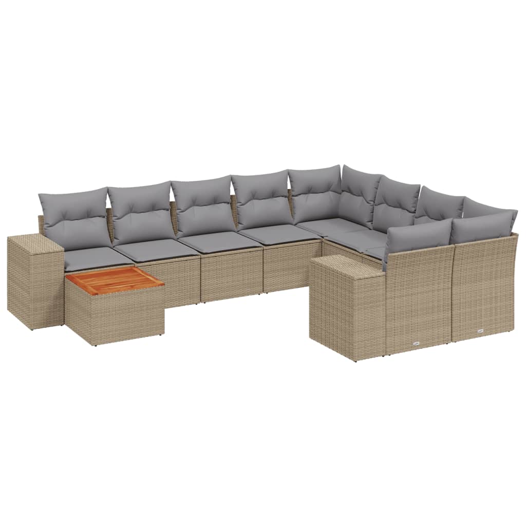 10-tlg. Garten-Sofagarnitur mit Kissen Beige Poly Rattan