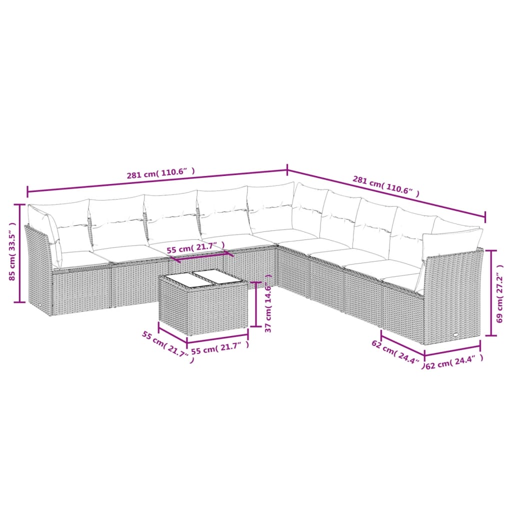 10-tlg. Garten-Sofagarnitur mit Kissen Grau Poly Rattan