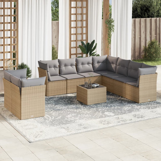 10-tlg. Garten-Sofagarnitur mit Kissen Beige Poly Rattan