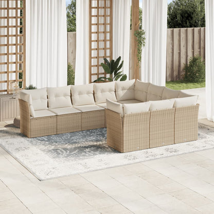 10-tlg. Garten-Sofagarnitur mit Kissen Beige Poly Rattan