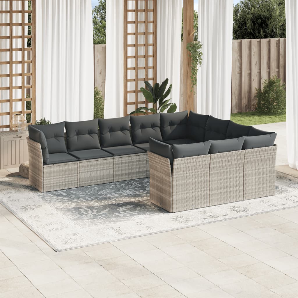 10-tlg. Garten-Sofagarnitur mit Kissen Hellgrau Poly Rattan